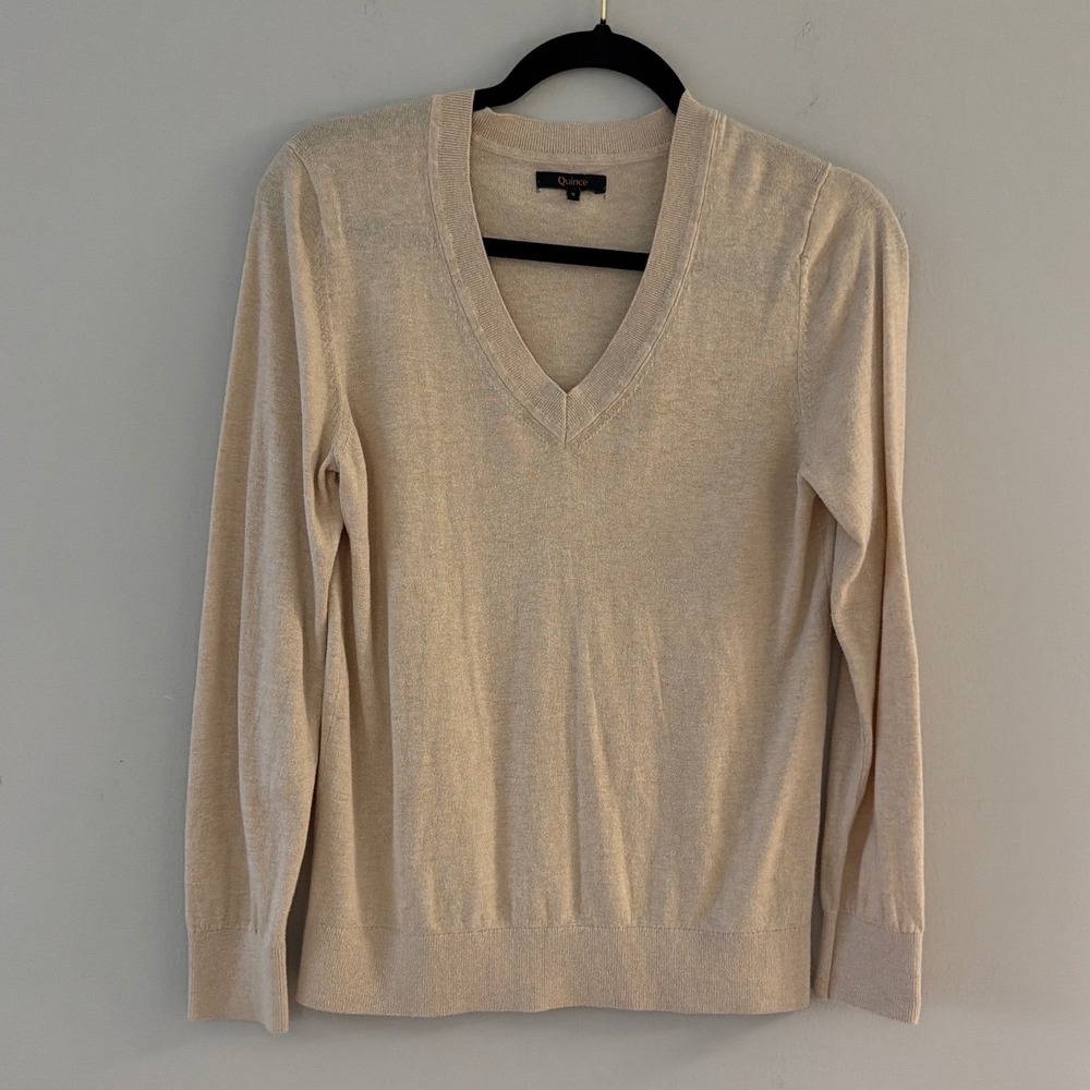 Quince‎ Womens Organic Cotton Cashmere V-Neck Sweater Oatmeal Beige Small - Picture 3 of 8
